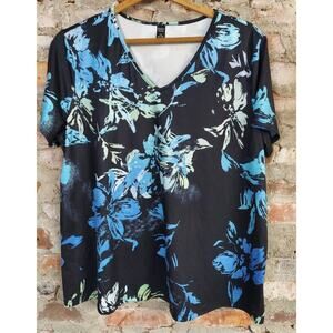 Emery Rose Top Womens Plus Size 1x Shirt Black Blue Flowers